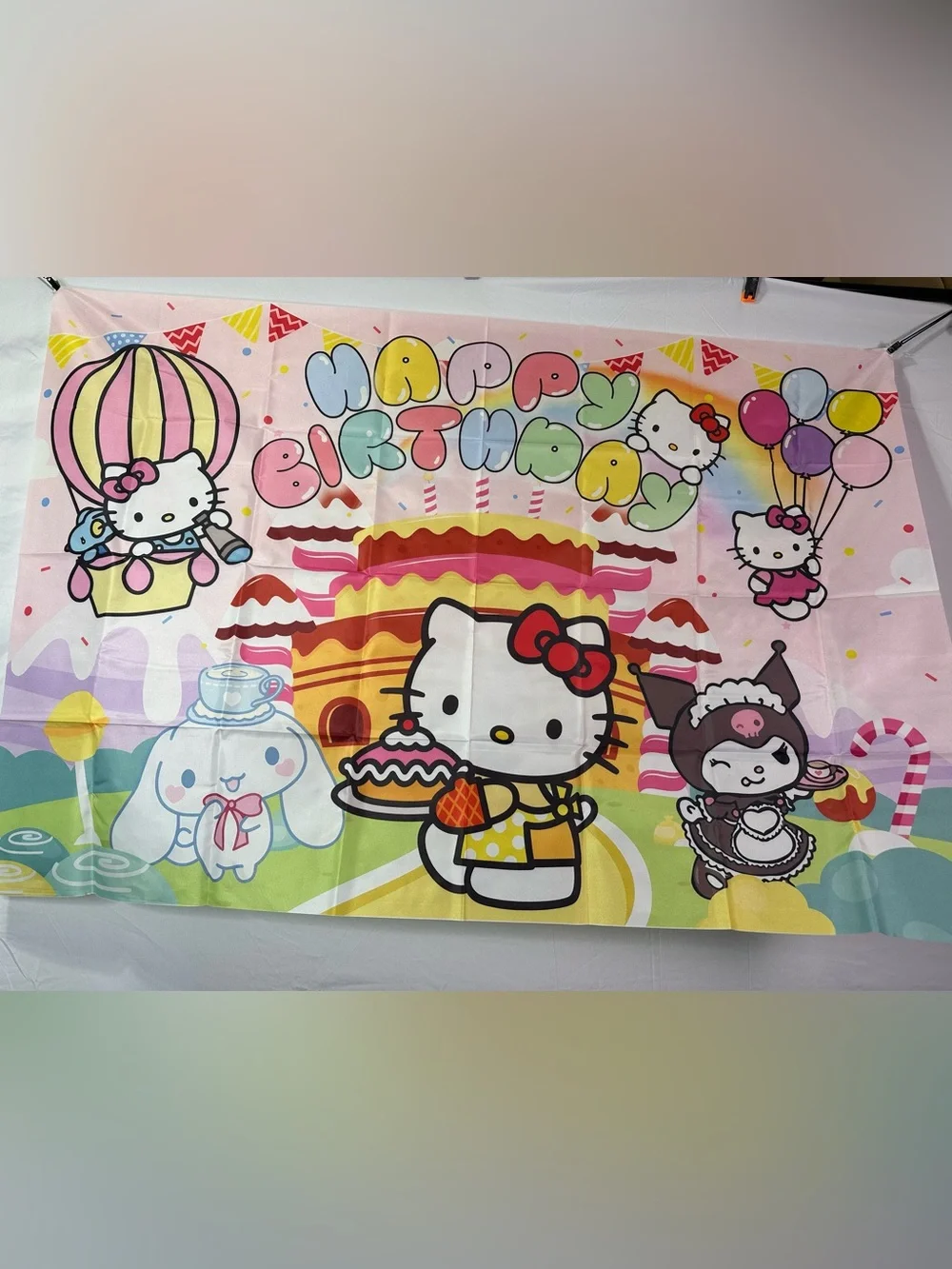 Hello Kitty Cinnamoroll Kuromi Happy Birthday Backdrop Banner 5x3Ft.